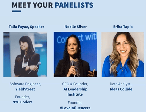 Women in STEM panelists Talia Fayaz, Noelle Silver, Erika Tapia